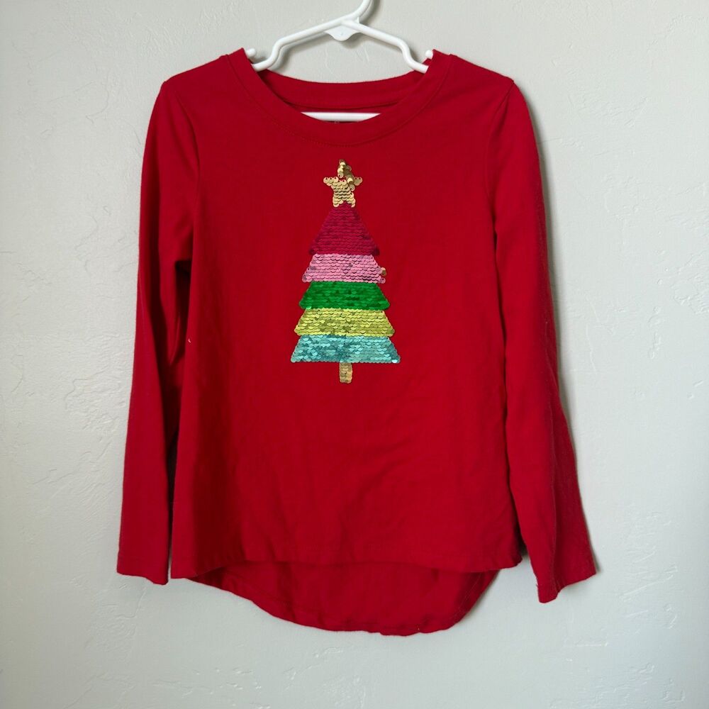 Cat & Jack Girls Christmas Tree Flip Sequin Long Sleeve Shirt Red Size S 6/7